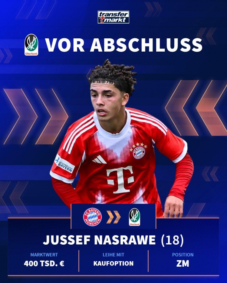 德媒：拜仁18岁中场纳斯拉维将外租至奥地利球队，包含买断条款